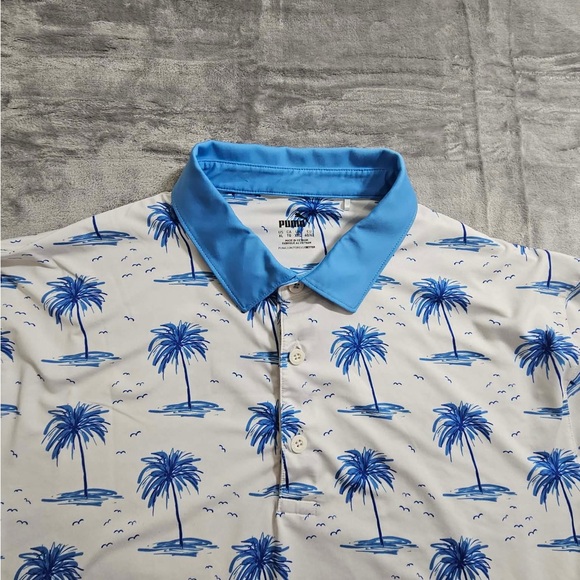 Puma Mirage Golf Polo Blue/White Palm Trees Size XL - Picture 3 of 7